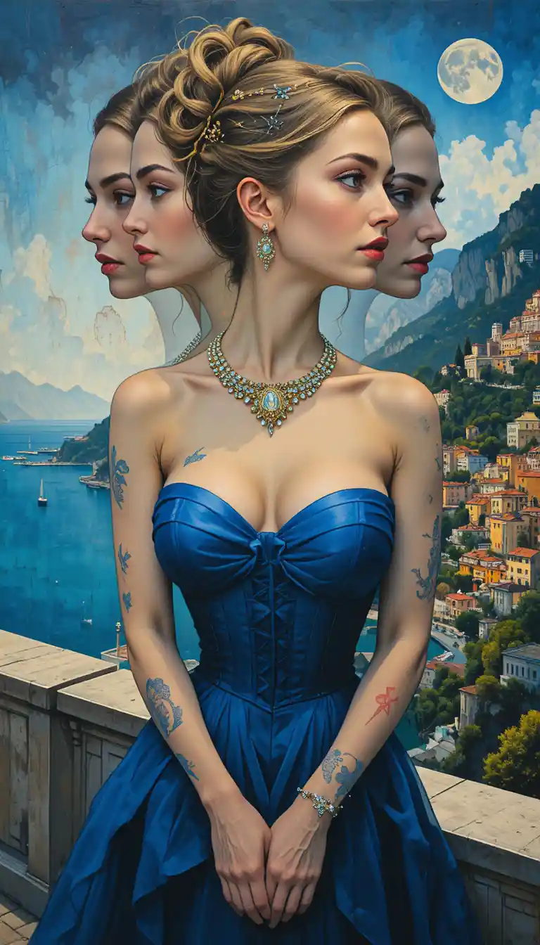 Elegant woman in midnight blue gown in faceted cityscape