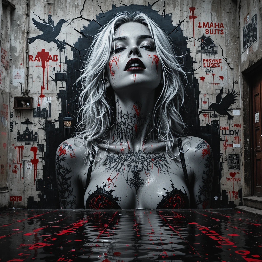 Noir mural portrait of a glitching woman in a flooded alley