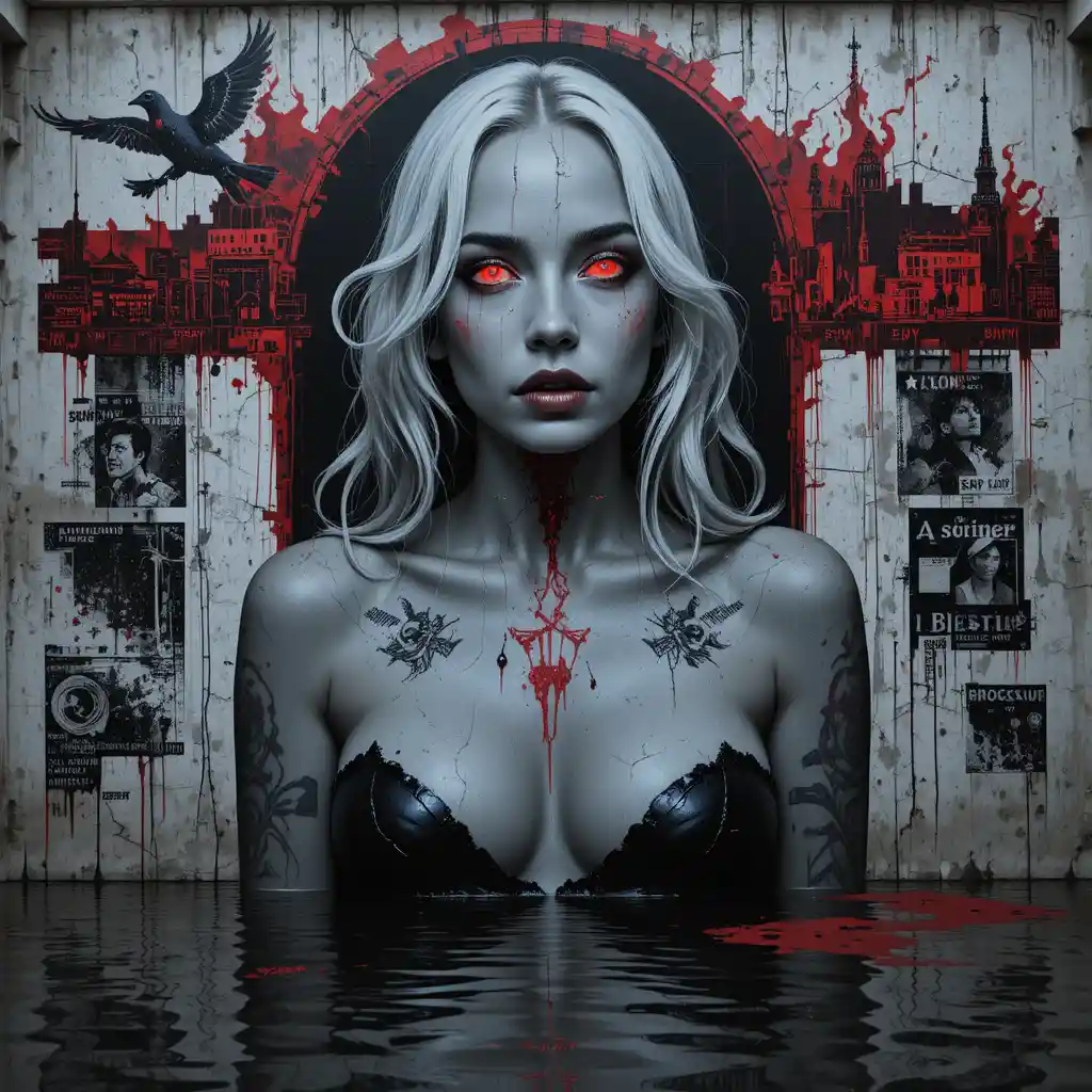 Noir mural of a fractured woman in a flooded alley