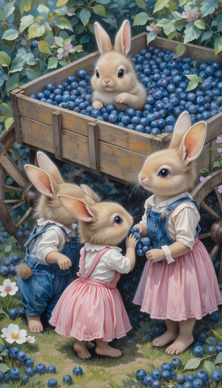 Cute rabbits in overalls gathering blueberries by a wooden cart