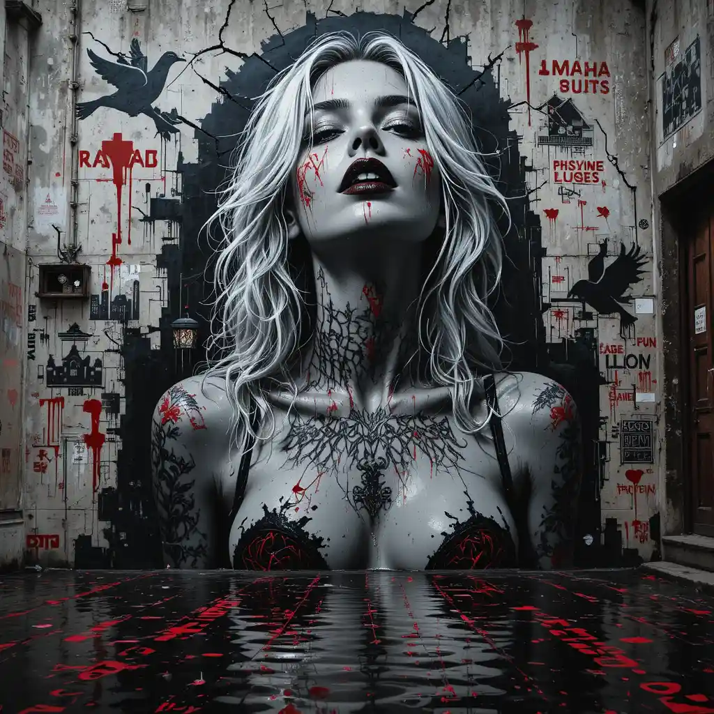 Noir mural portrait of a glitching woman in a flooded alley