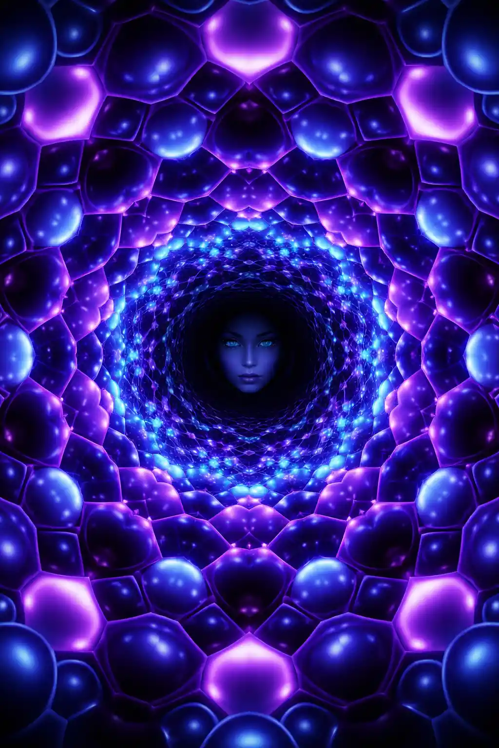 Tunnel geometrico a spirale con forme luminose blu e viola