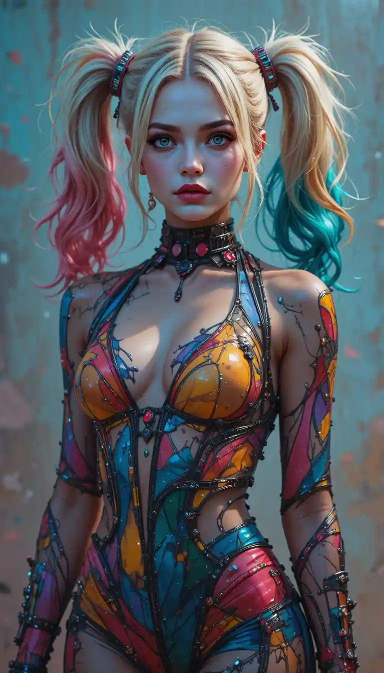 Surreal woman in flowing abstract costume with vivid colors