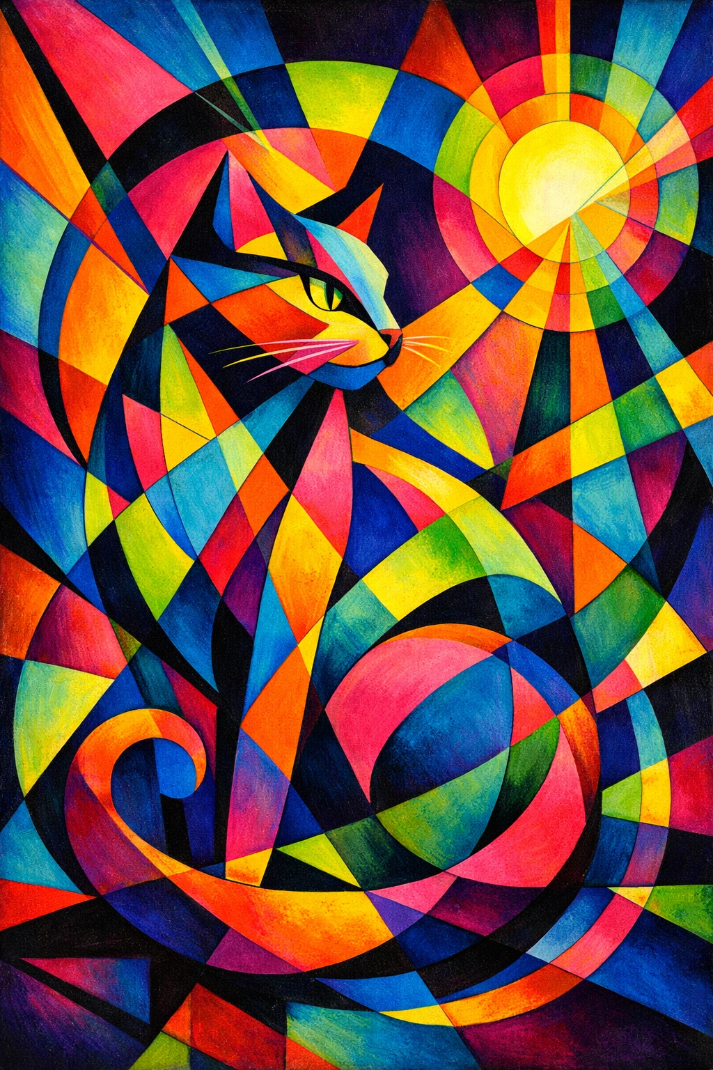 Abstract neon cat in dynamic geometric forms