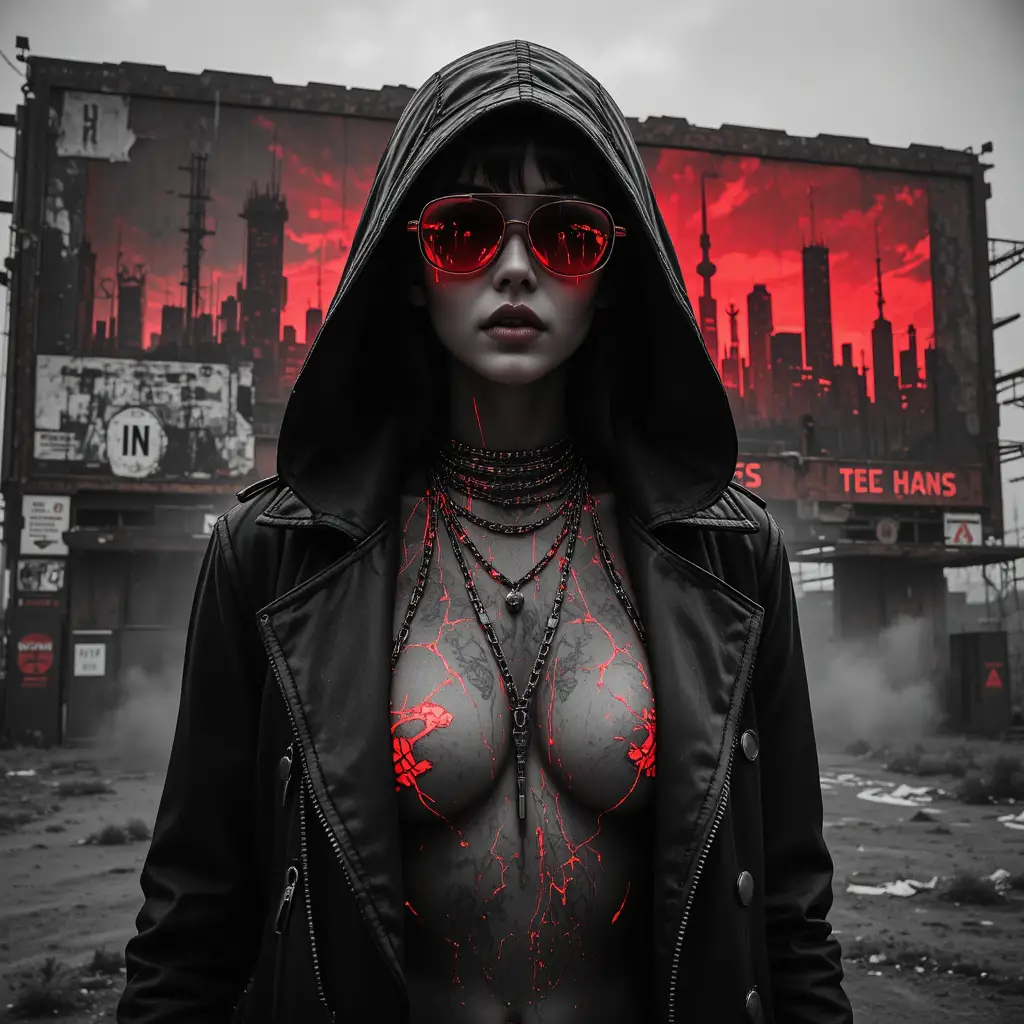 Cyber noir portrait of a hooded woman in industrial ruins