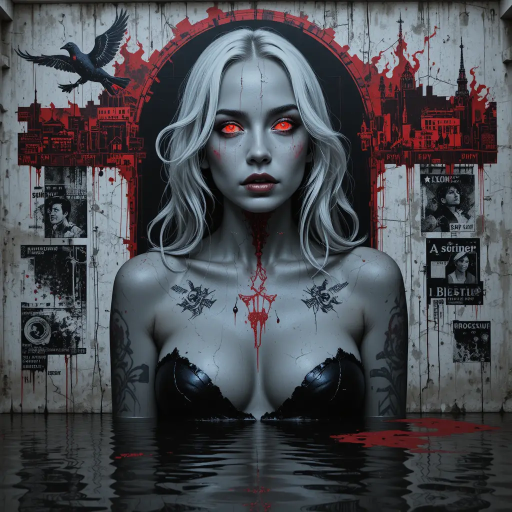 Murale noir di una donna fratturata in un vicolo allagato