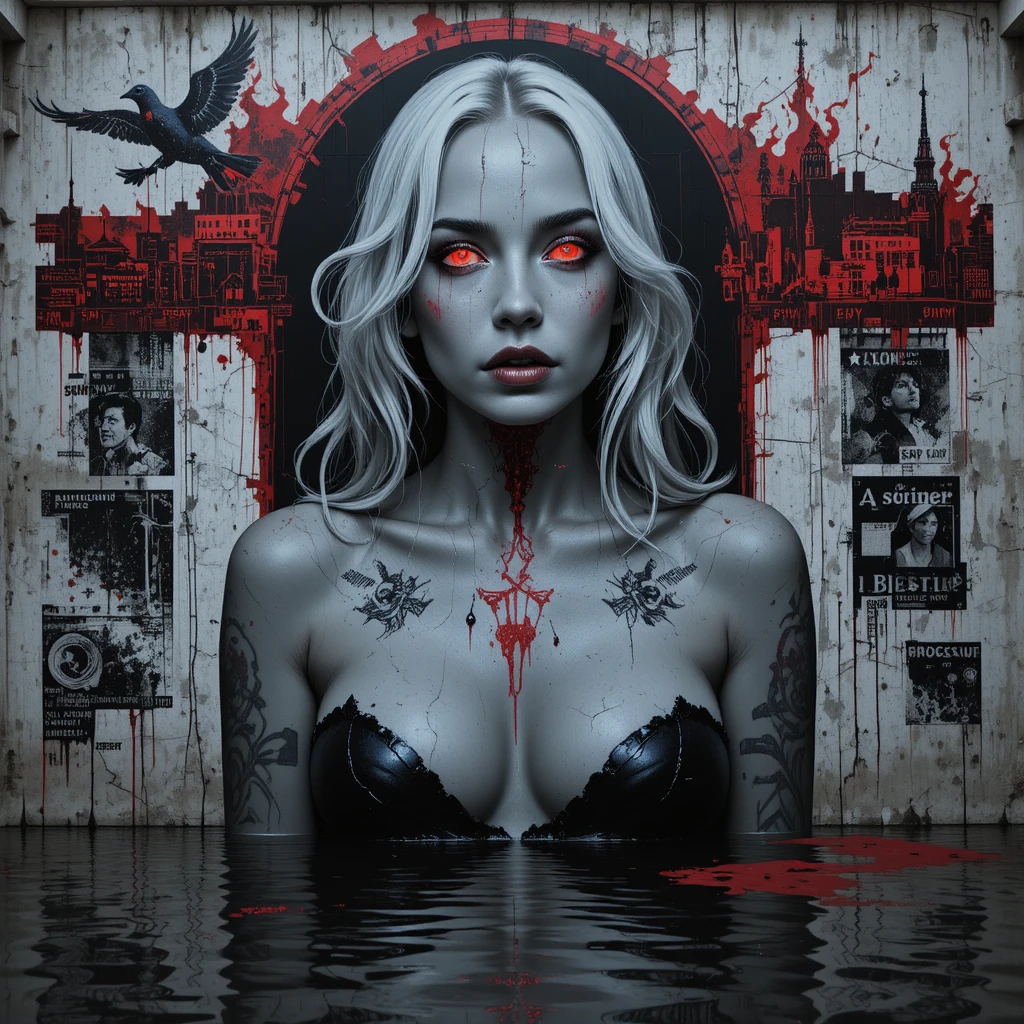 Noir mural of a fractured woman in a flooded alley