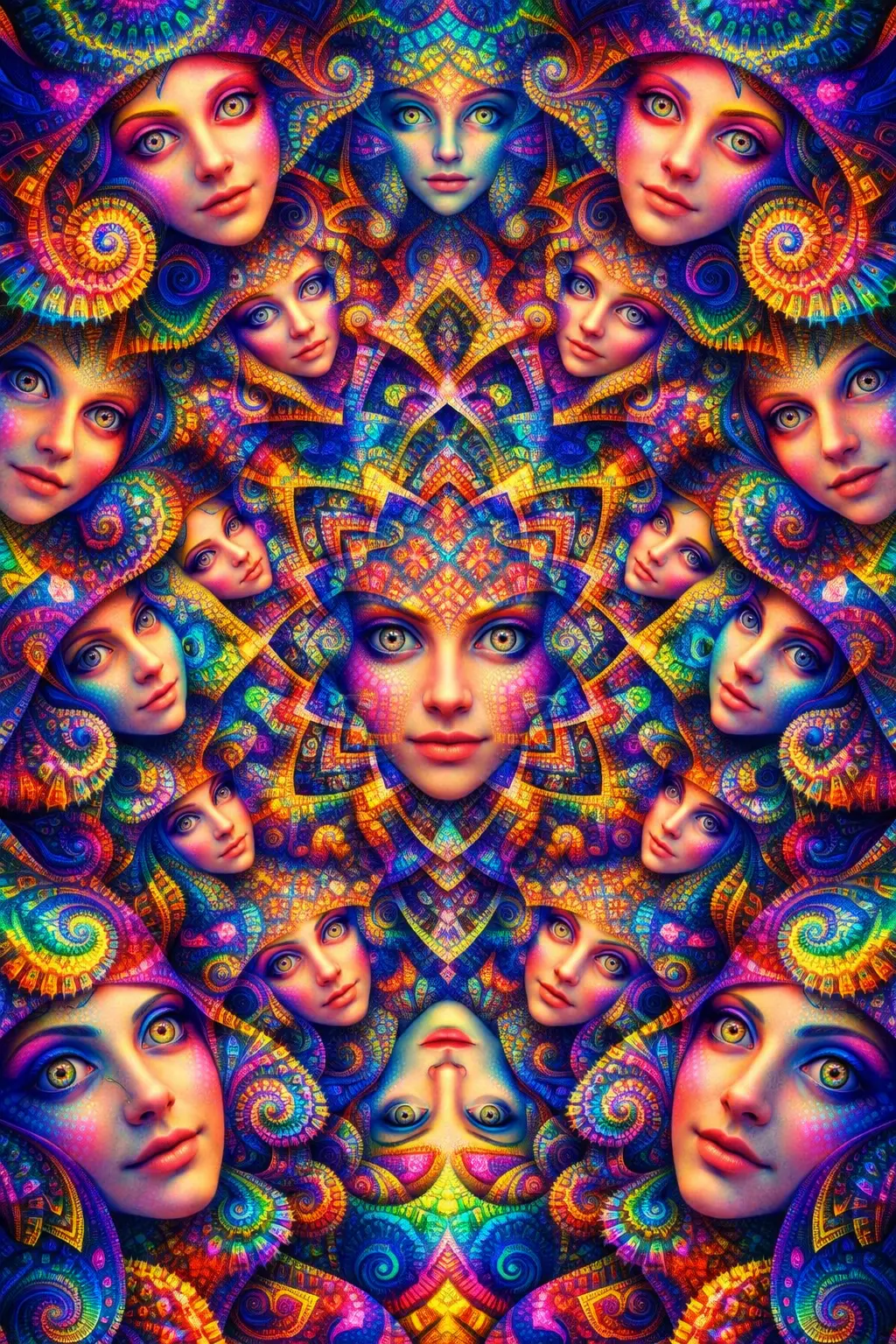 Hypnotic fractal kaleidoscope of faces and shifting geometry