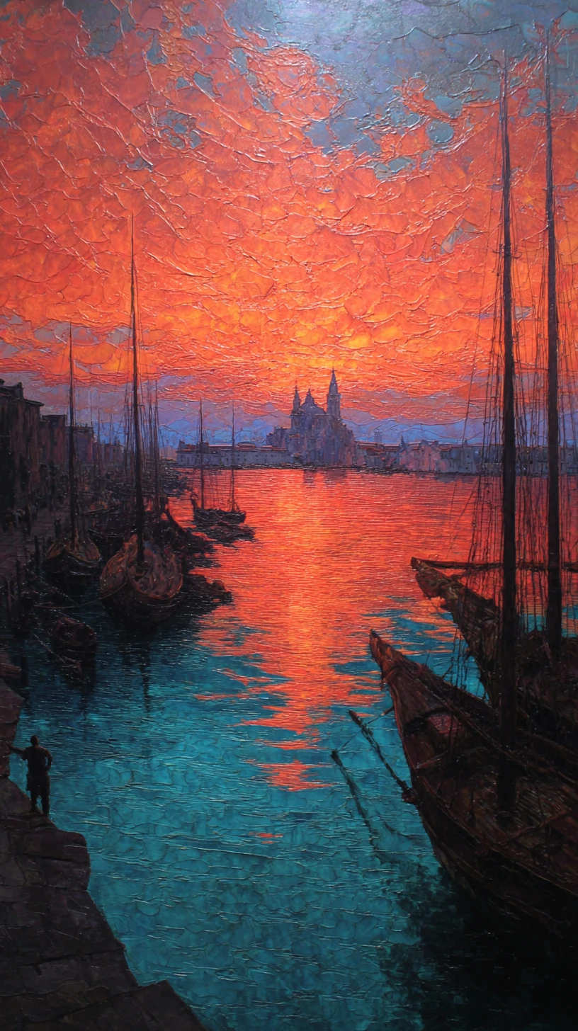 Venetian harbor ships glowing under molten wax sunset sky