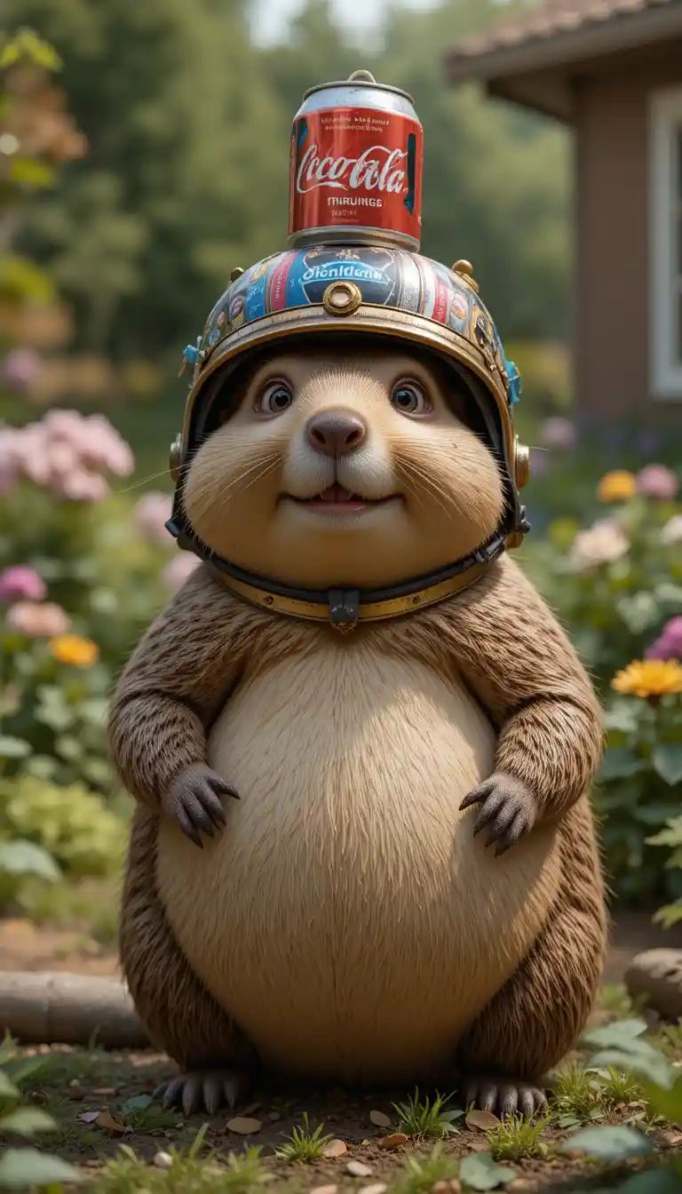 Funny groundhog in a soda can helmet in a garden