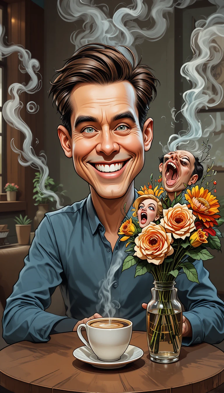 Playful caricature girl with coffee cup at table
