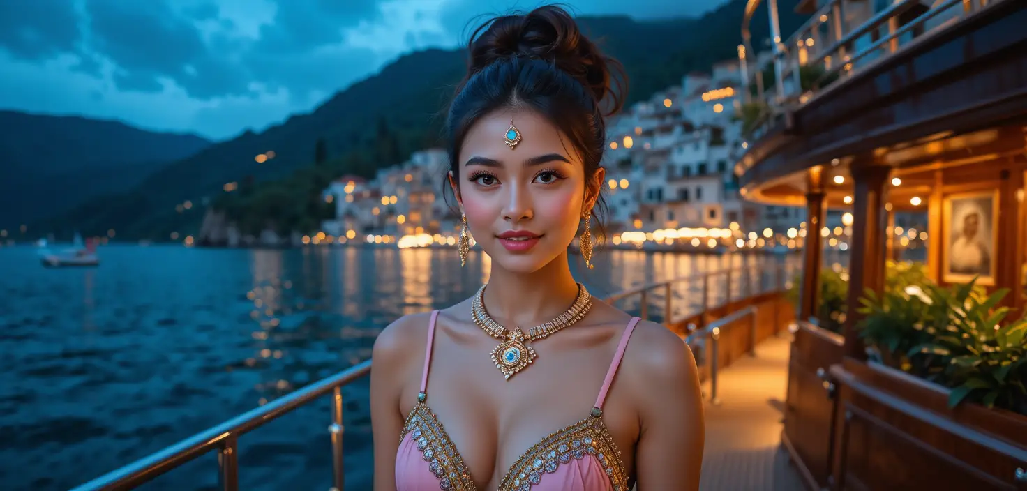 Portrait of an Indian girl on a yacht at night