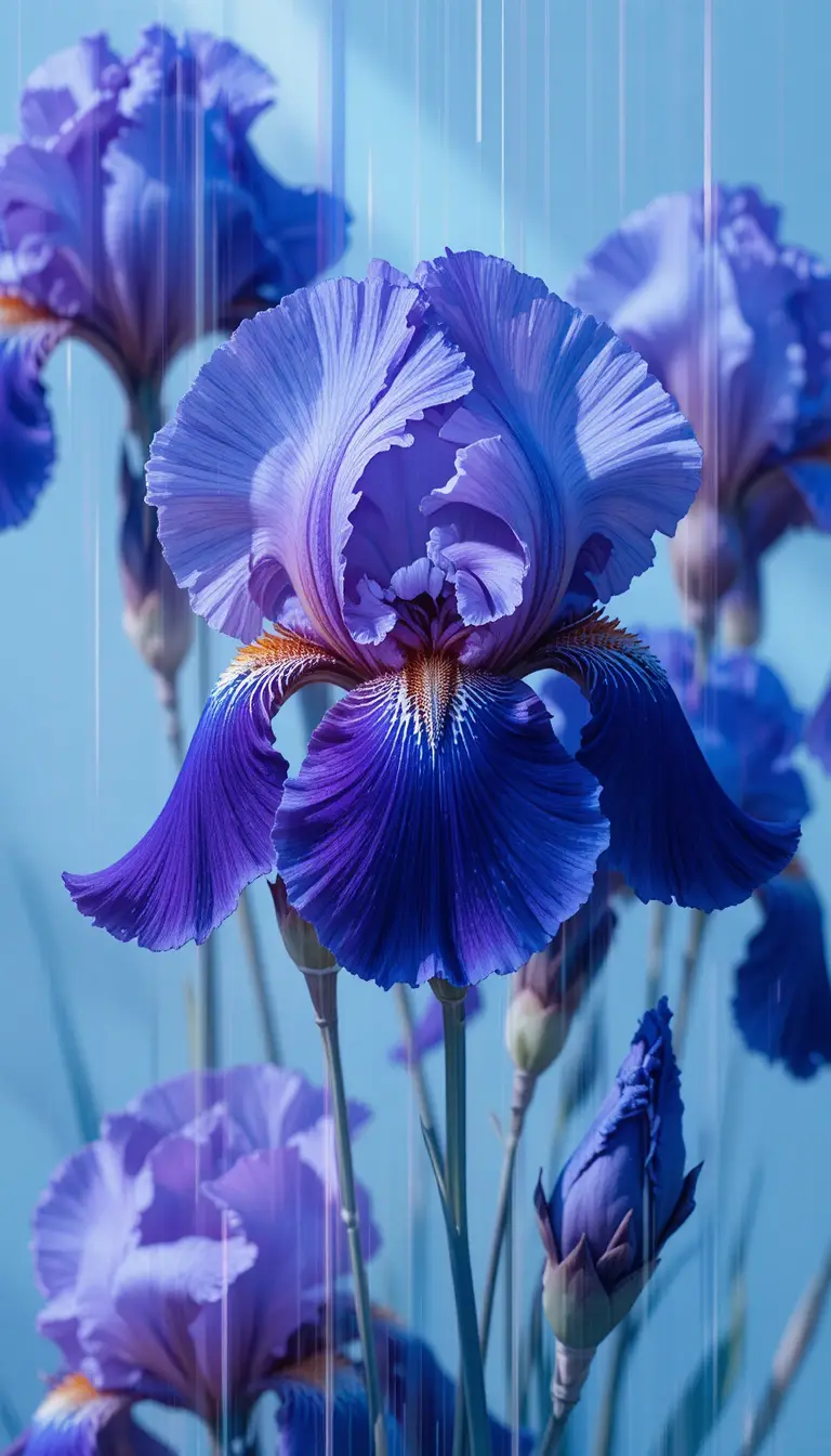 Blue And Purple Irises With Digital Glitch Distortions
