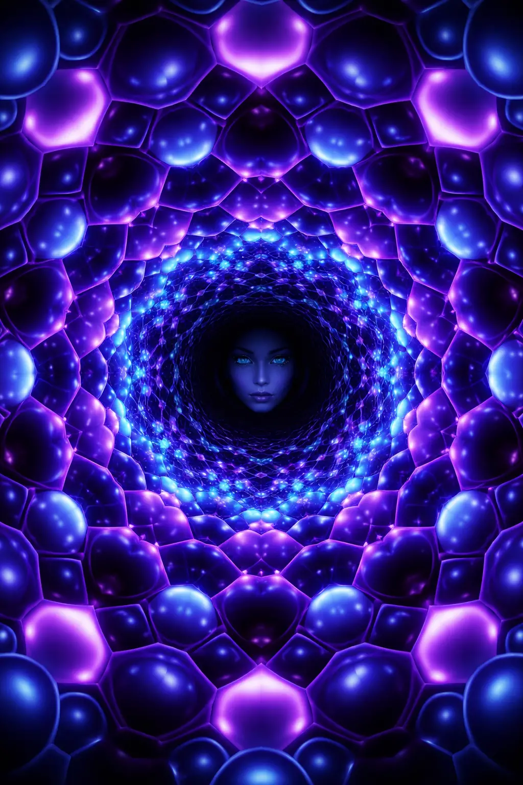 Tunnel geometrico a spirale con forme luminose blu e viola