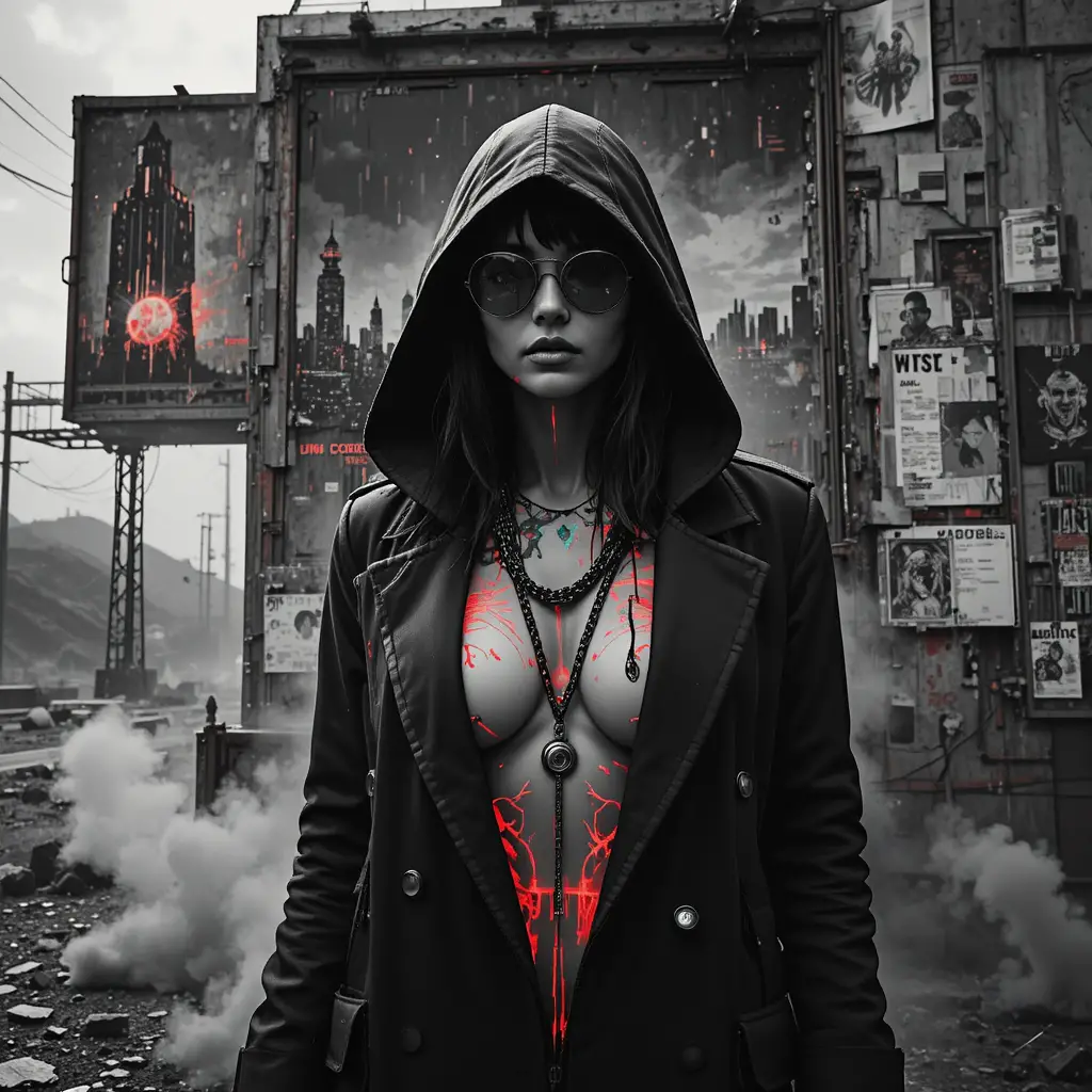 Hooded cyber noir woman emerging from rusted billboard