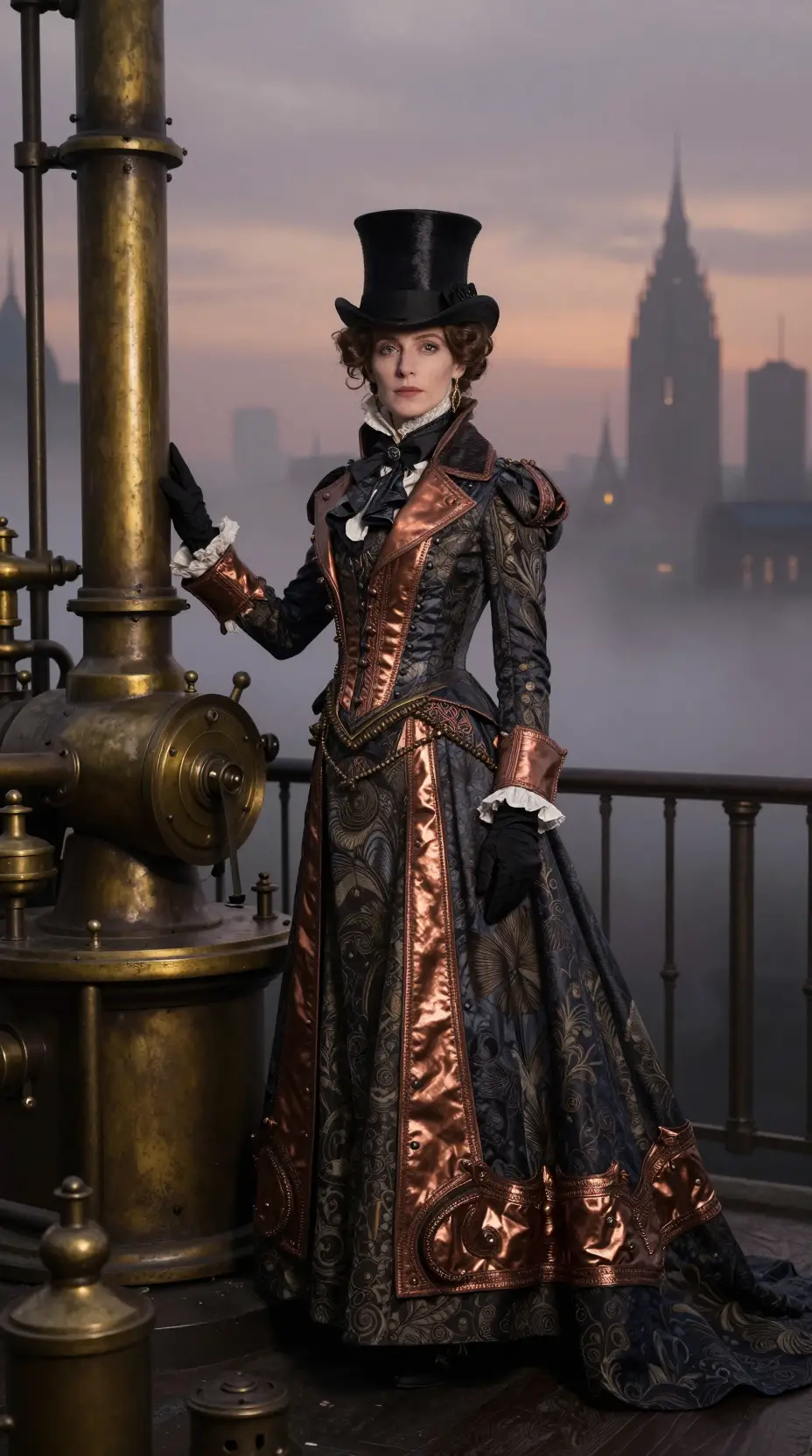 Victorian sci fi woman in foggy industrial city at dusk