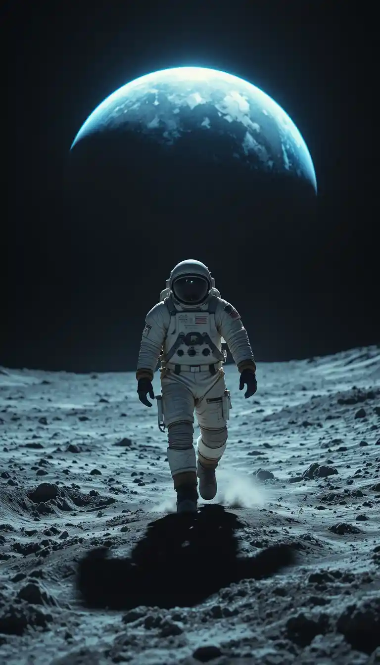 Einsamer Astronaut wandert über den Mond im dramatischen Licht