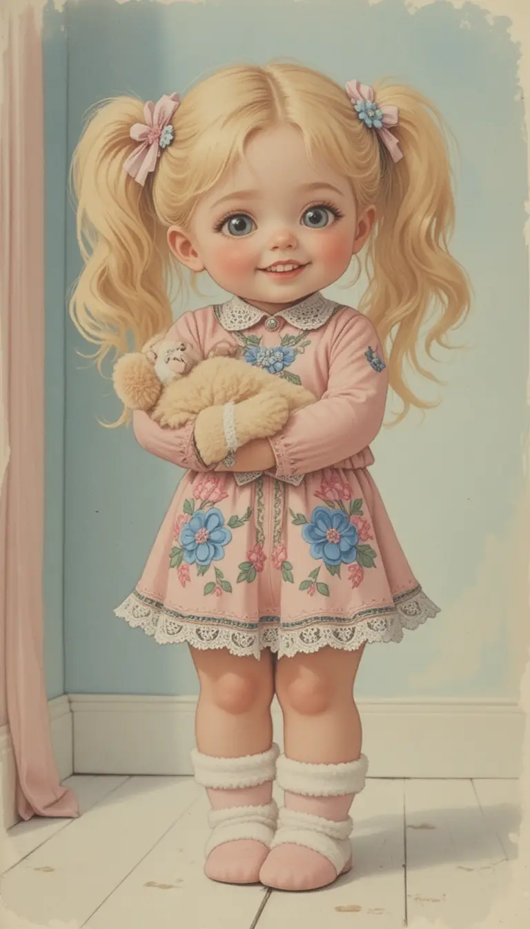 Blonde girl hugging a teddy bear in festive vintage style