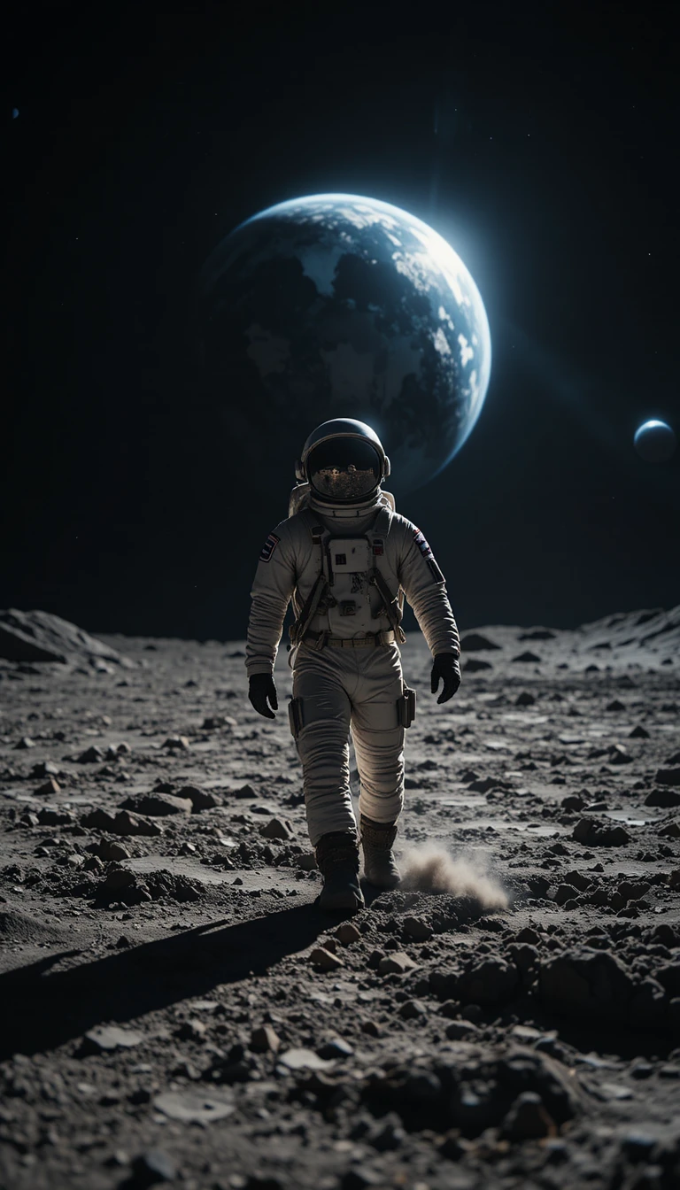 Lone astronaut strides across the moon under dramatic sunlight