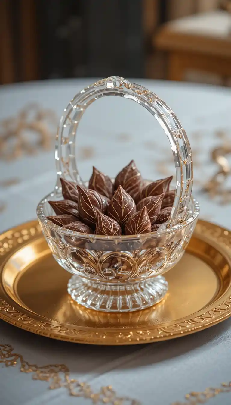 Golden tray with crystal basket and chocolate halva leaves