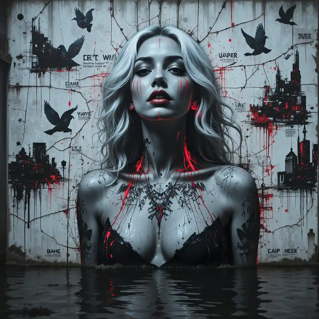 Noir mural of a fractured woman in a flooded alley