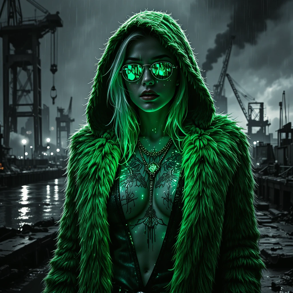 Noir-Femme-fatale im Neonpelz vor zerstörtem Hafen