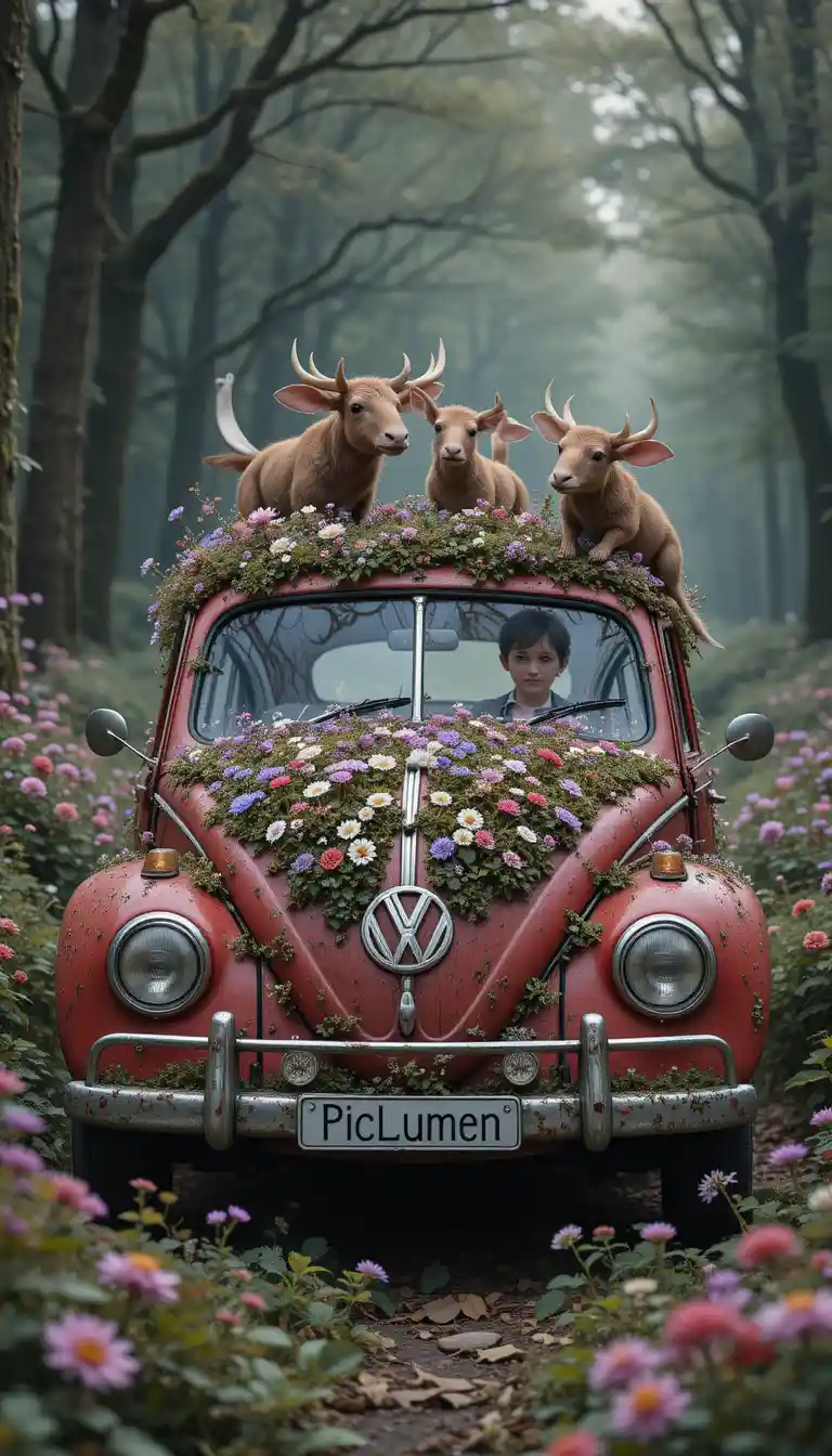 Old red beetle covered in moss and wildflowers