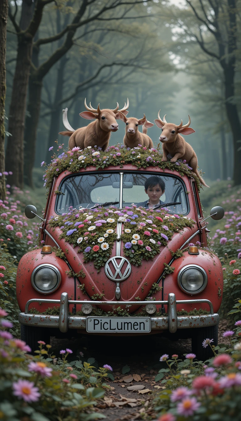 Old red beetle covered in moss and wildflowers