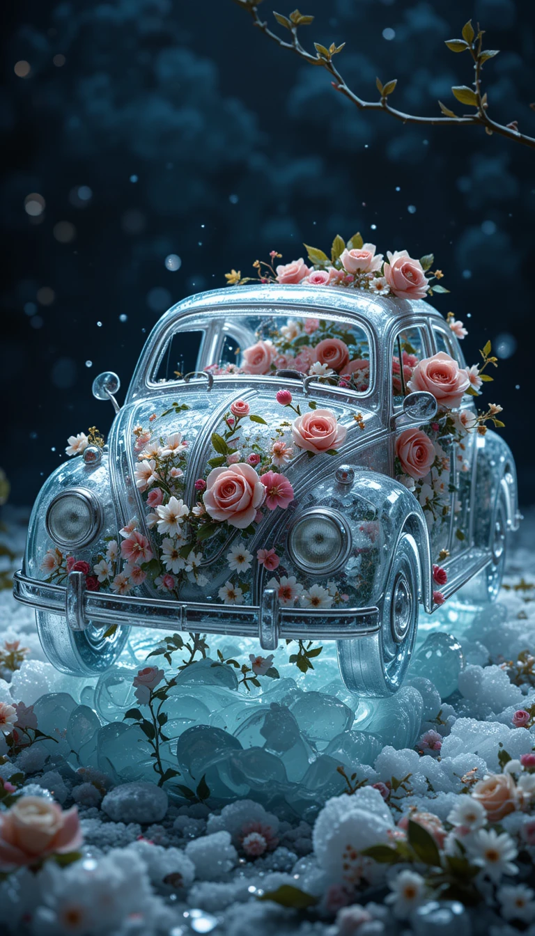 花とツタに囲まれた氷で彫刻されたおもちゃの車
