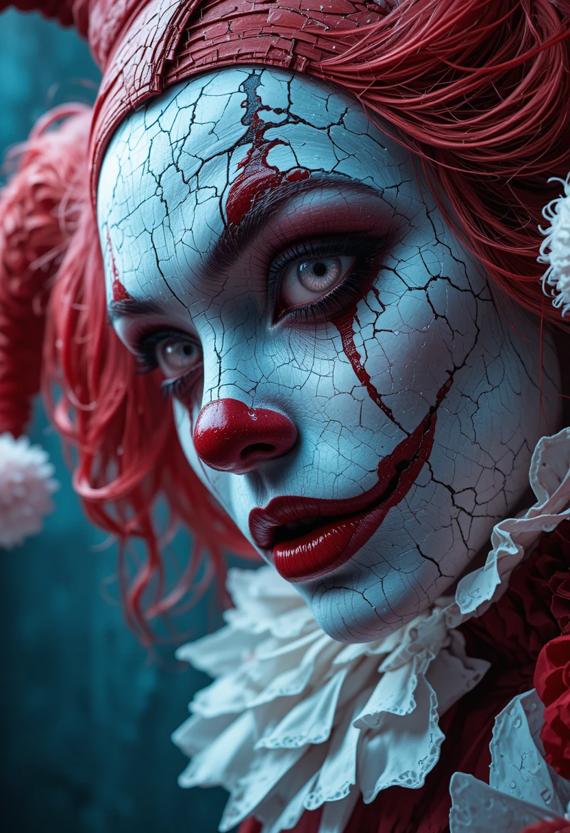 Close up anime clown girl with fierce peppermint eyes
