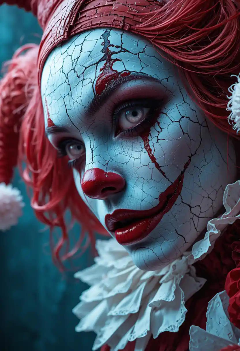 Close up anime clown girl with fierce peppermint eyes