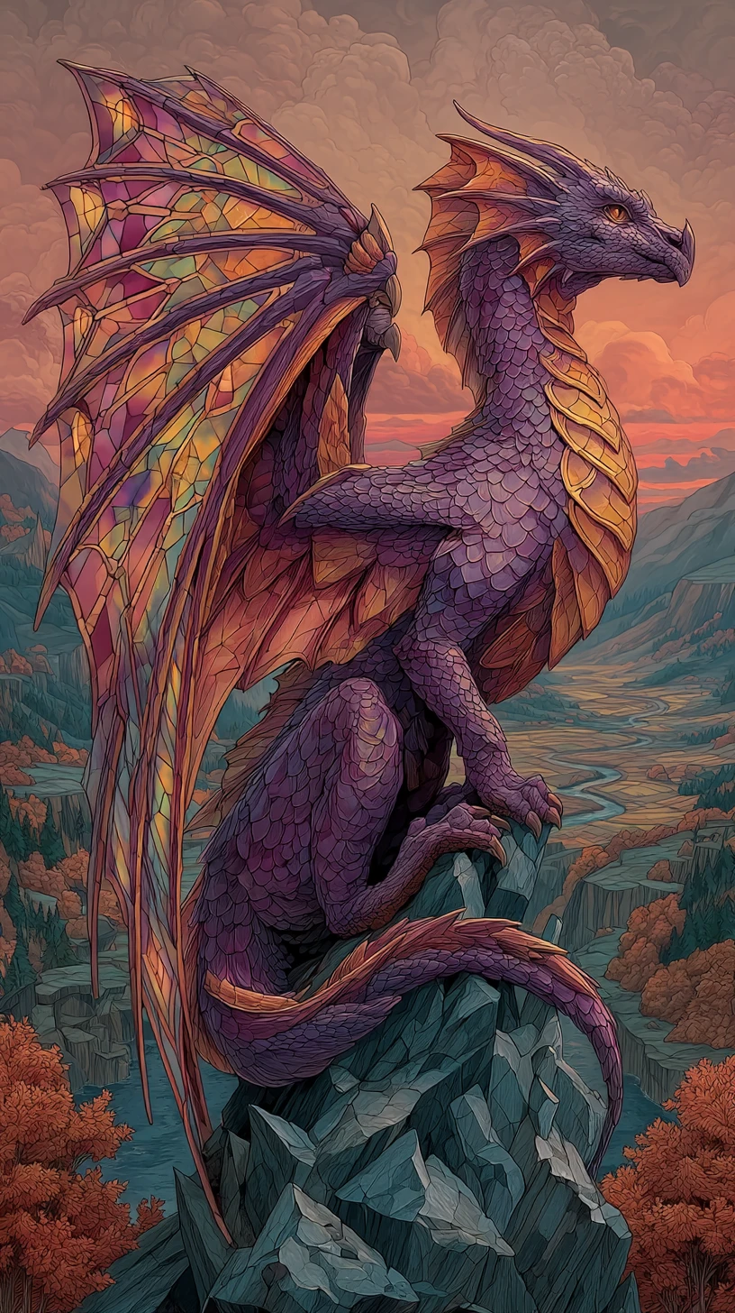 Crystal dragon on a jagged mountain above autumn valley