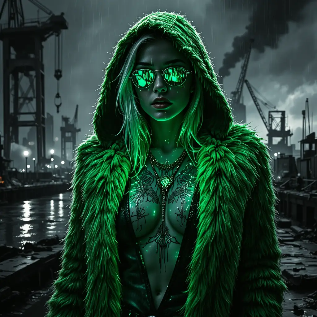 Noir femme fatale in neon fur before ruined harbor