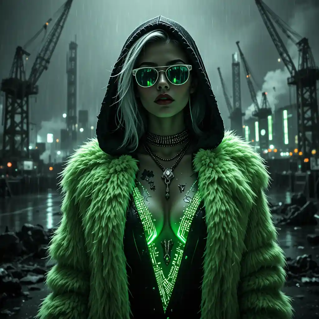 Neon coated femme fatale in a rain soaked noir harbor
