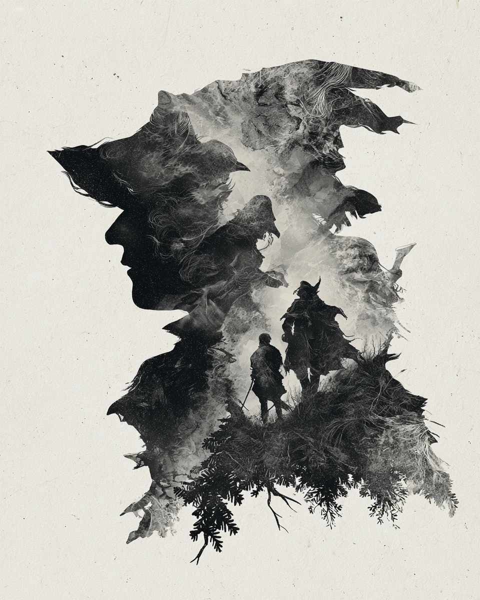 Abstrakte Collage-Hommage an dunkle Märchen der Brüder Grimm