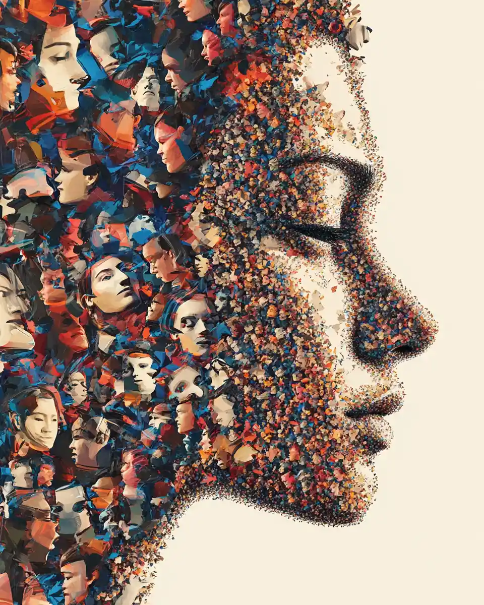 Abstract mosaic of many small faces forming one portrait