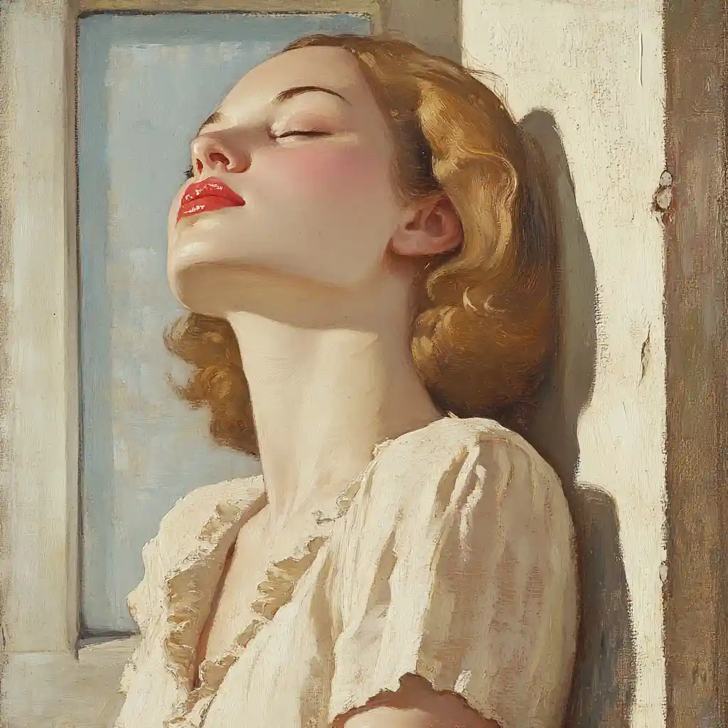 Mulher tomando sol à janela em uma ilustração suave e romântica