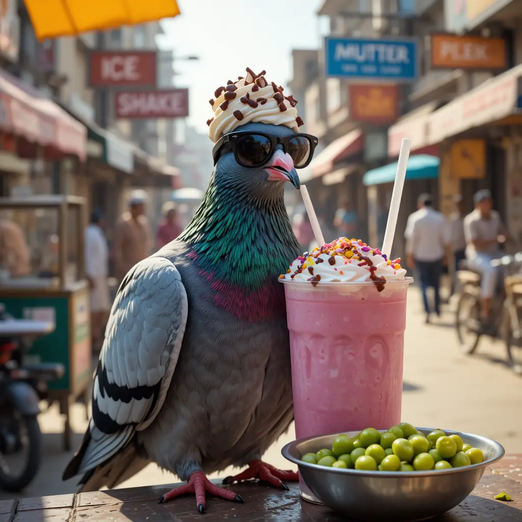 Cineastische Taube mit Sonnenbrille am indischen Streetfood-Stand