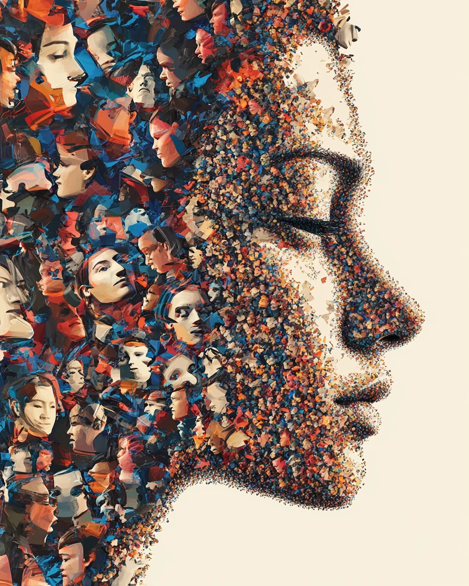 Abstract mosaic of many small faces forming one portrait