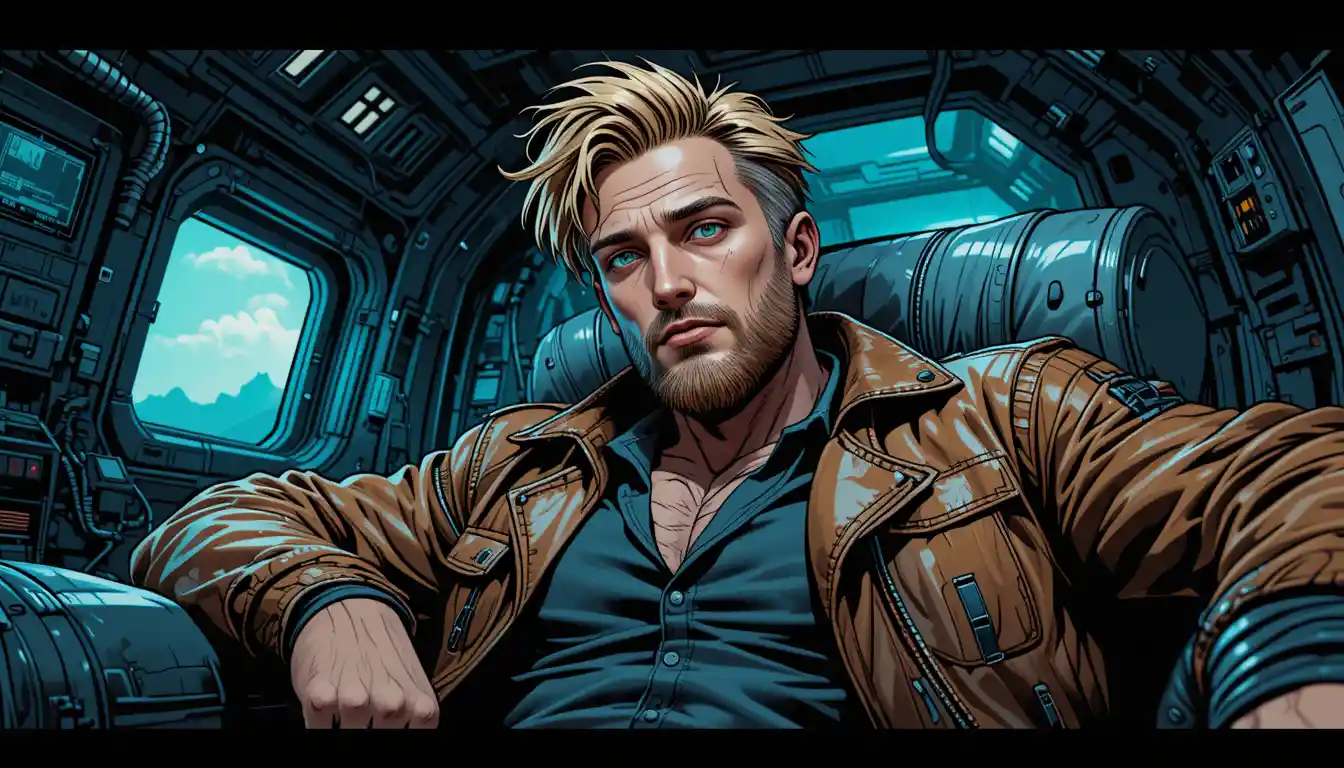 Scarred space pilot lounging in a gritty cockpit