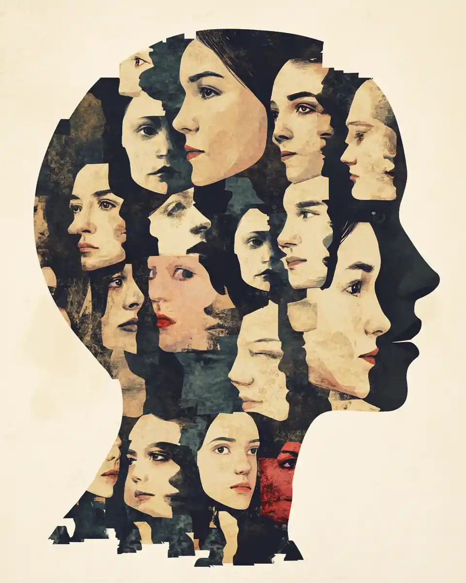 Abstract mosaic of small faces forming a larger portrait