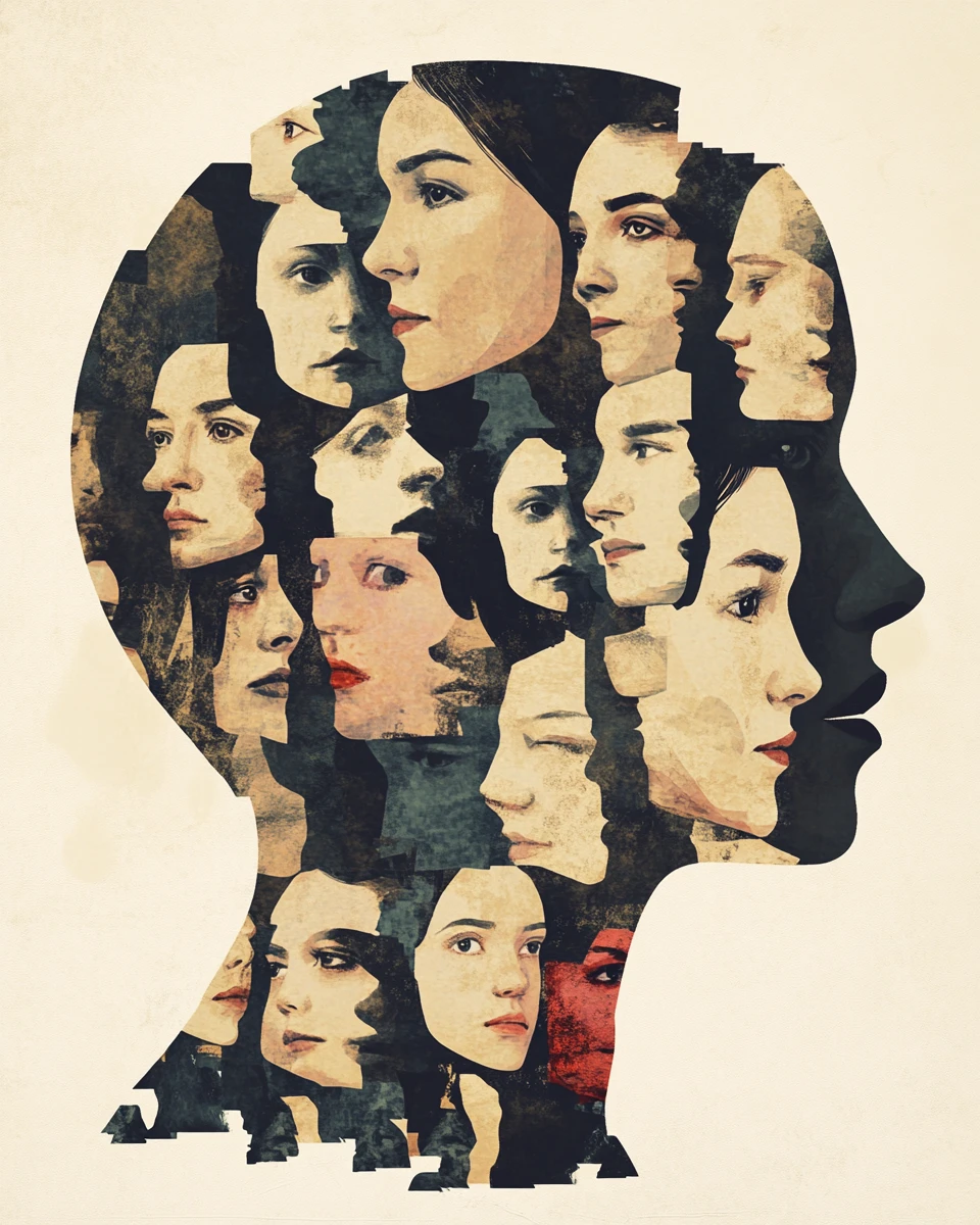 Abstract mosaic of small faces forming a larger portrait