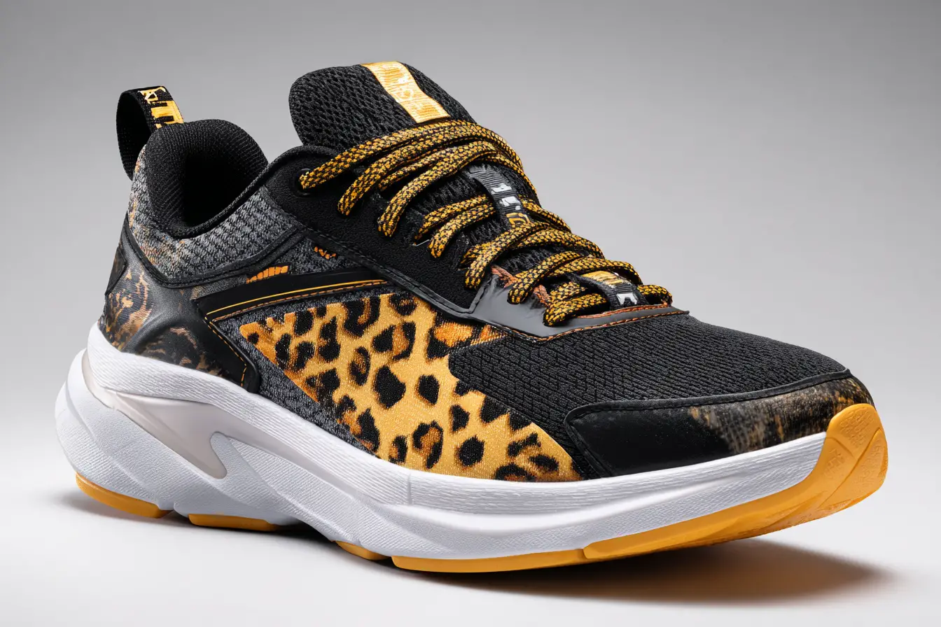 Athletic black and gold bengal cat themed running sneakers