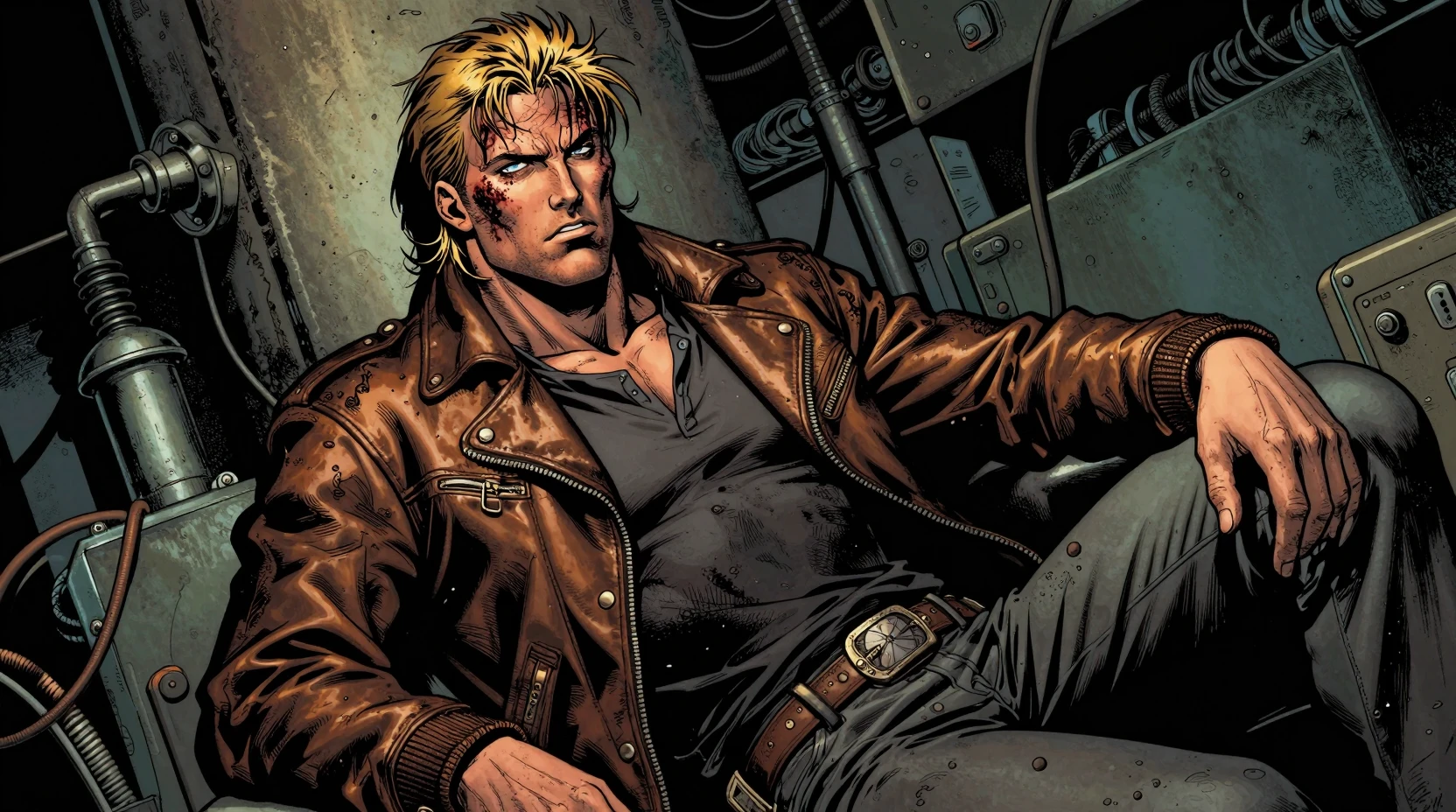 Gritty blond man in leather jacket in industrial interior