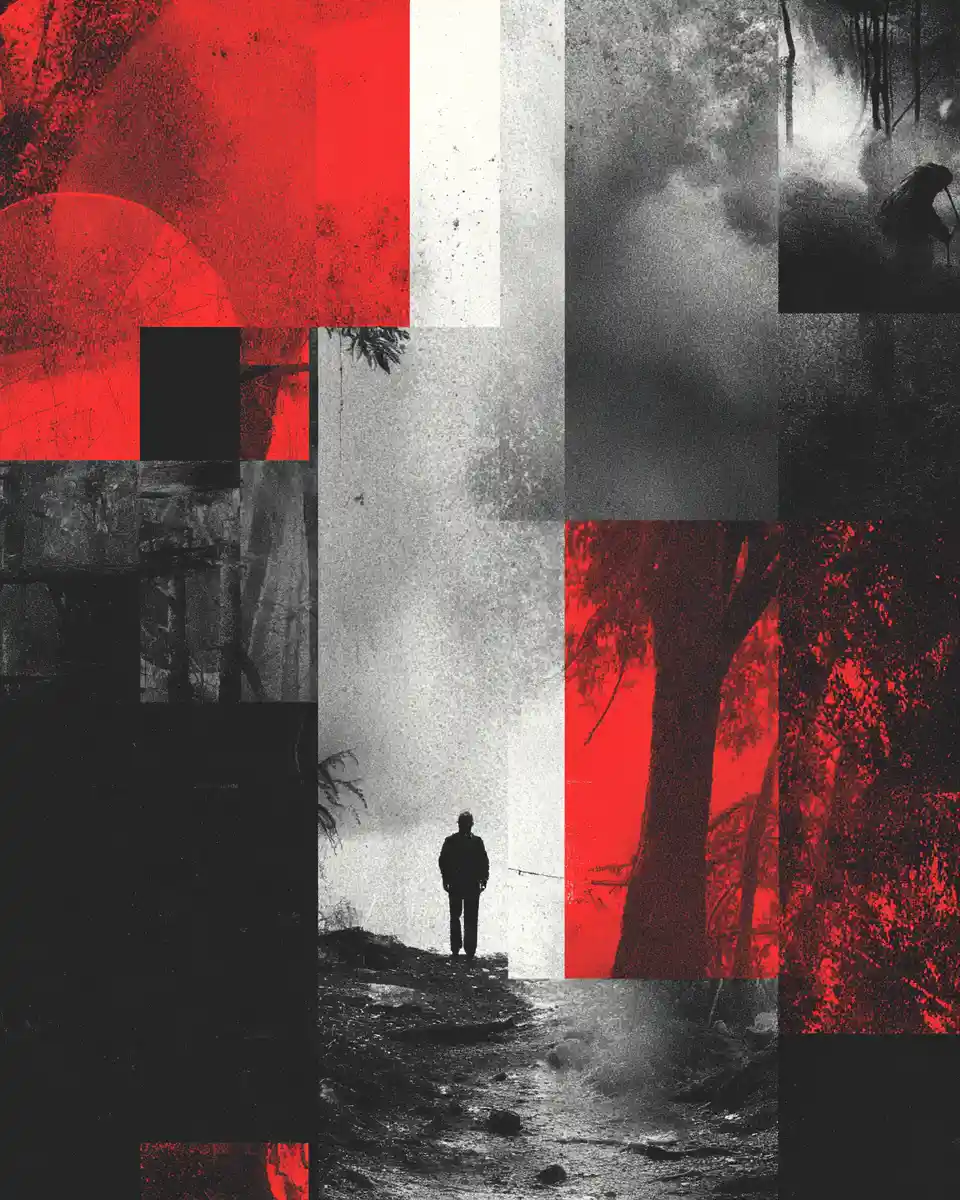 Dark abstract collage inspired by Brothers Grimm folklore