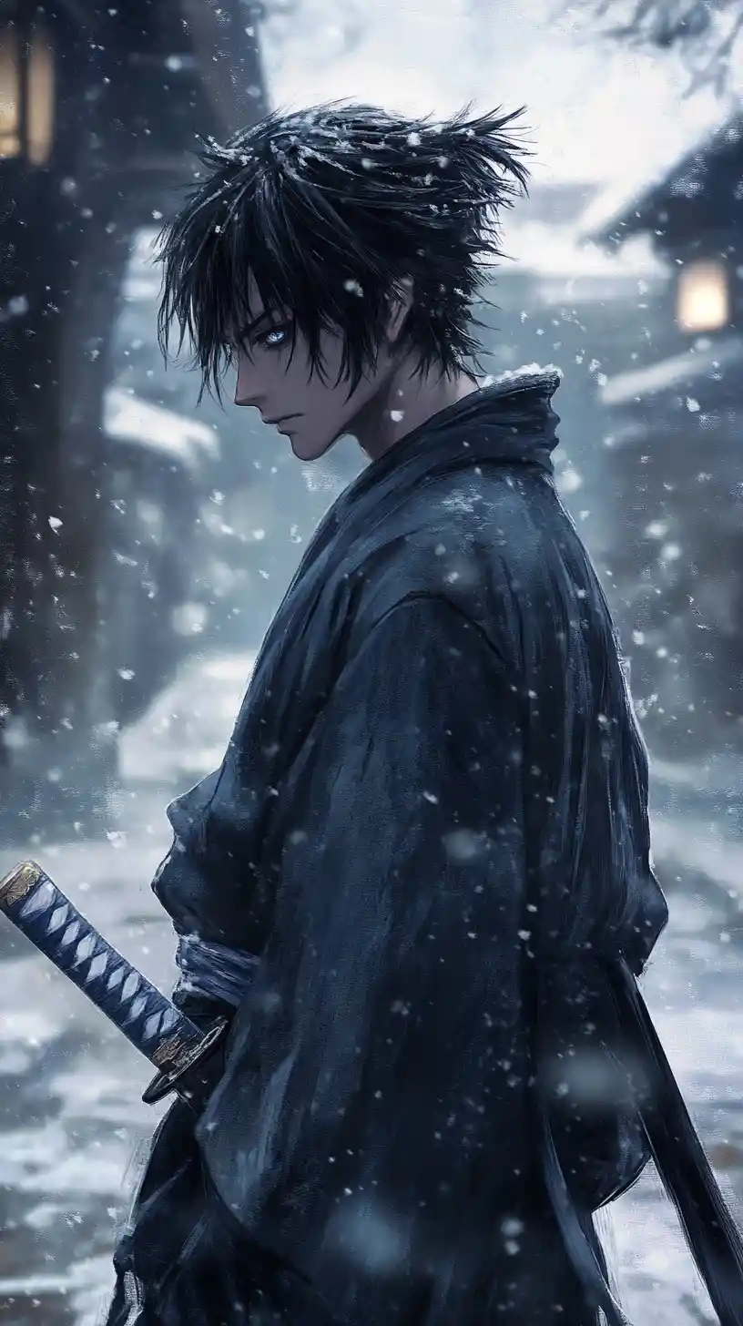 Düsterer Anime-Schwertkämpfer im fallenden Schnee auf verlassener Straße
