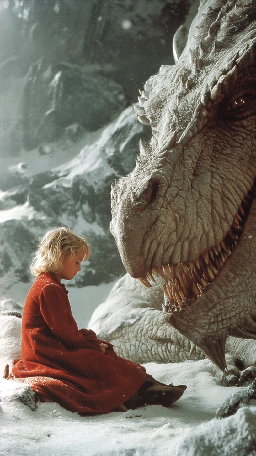 Girl In Red Dress Facing Dragon On Snowy Mountain