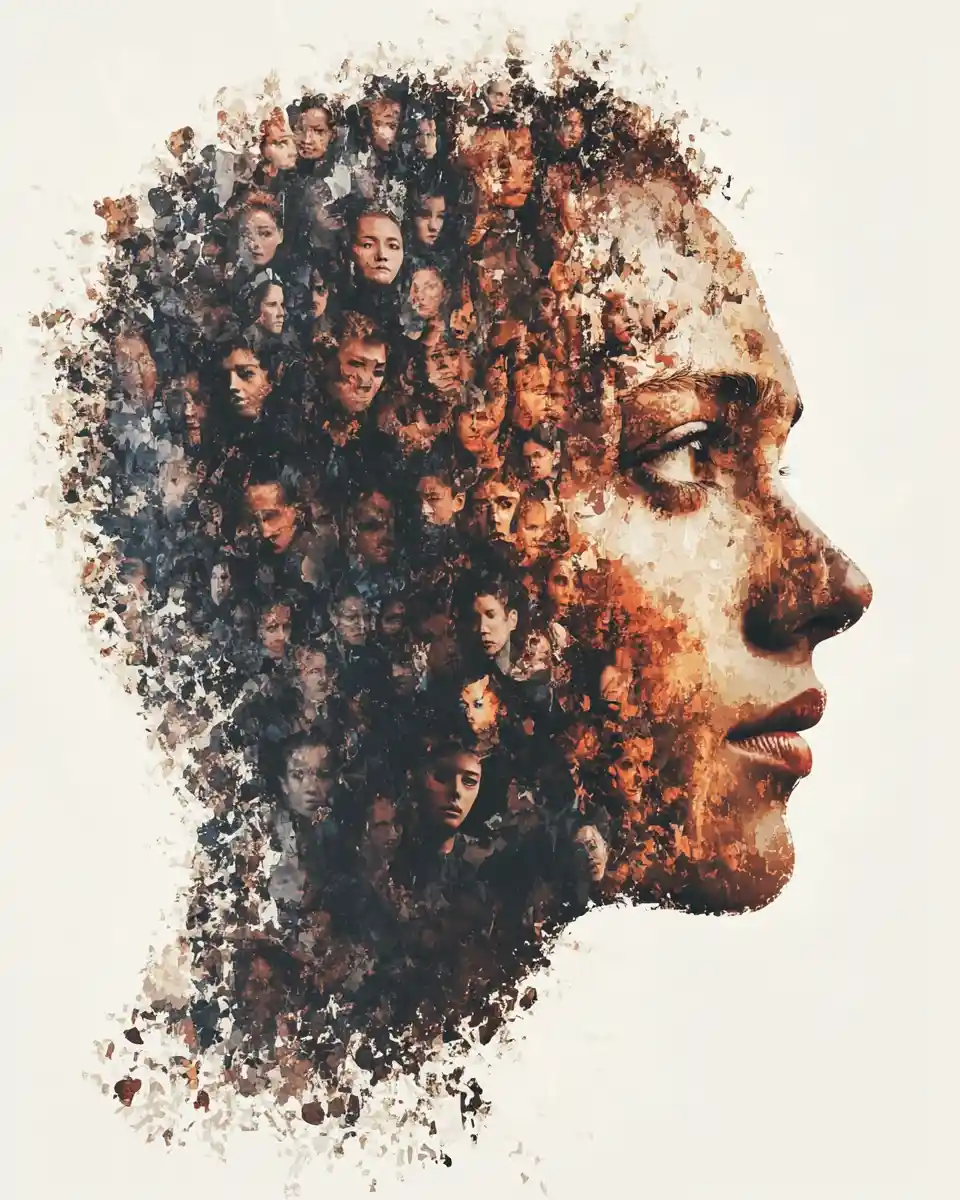 Mosaico abstrato de rostos pequenos formando um retrato maior