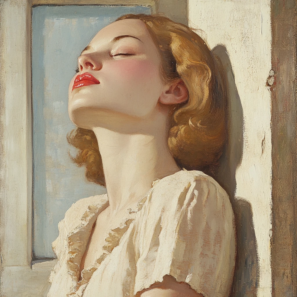 Woman sunbathing by a window in a soft romantic illustration