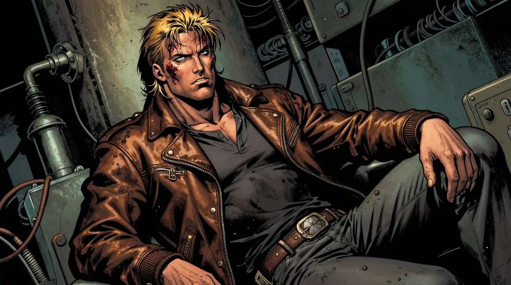 Gritty blond man in leather jacket in industrial interior